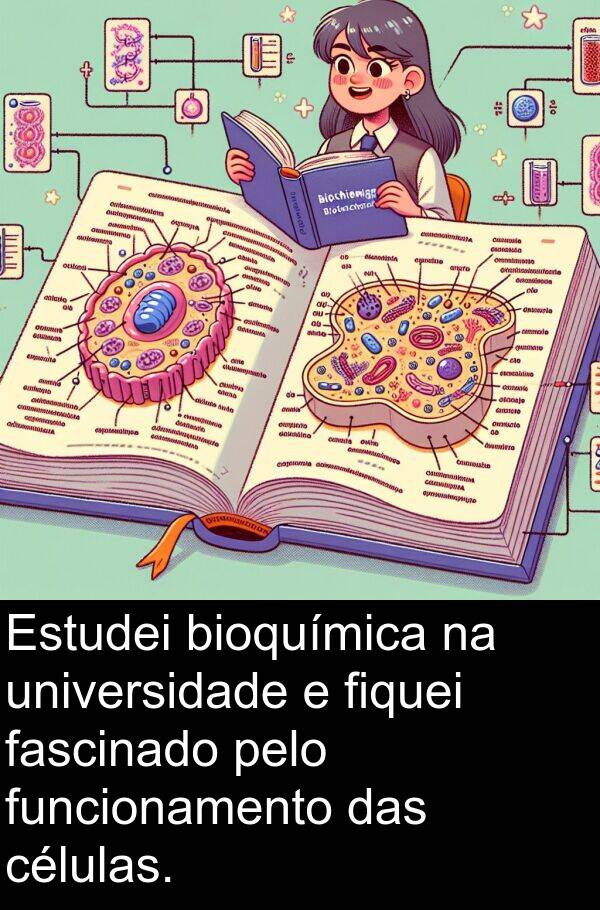 fascinado: Estudei bioquímica na universidade e fiquei fascinado pelo funcionamento das células.