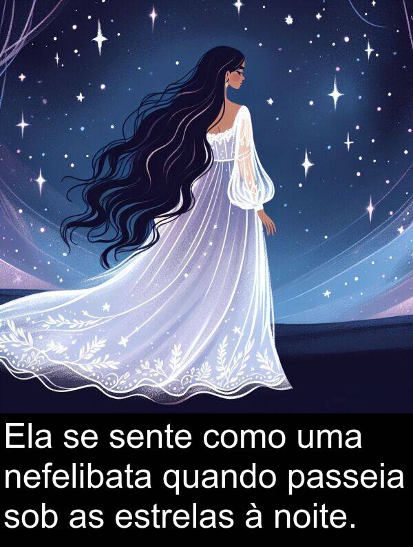 nefelibata: Ela se sente como uma nefelibata quando passeia sob as estrelas à noite.