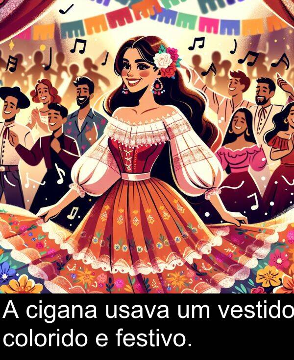 colorido: A cigana usava um vestido colorido e festivo.