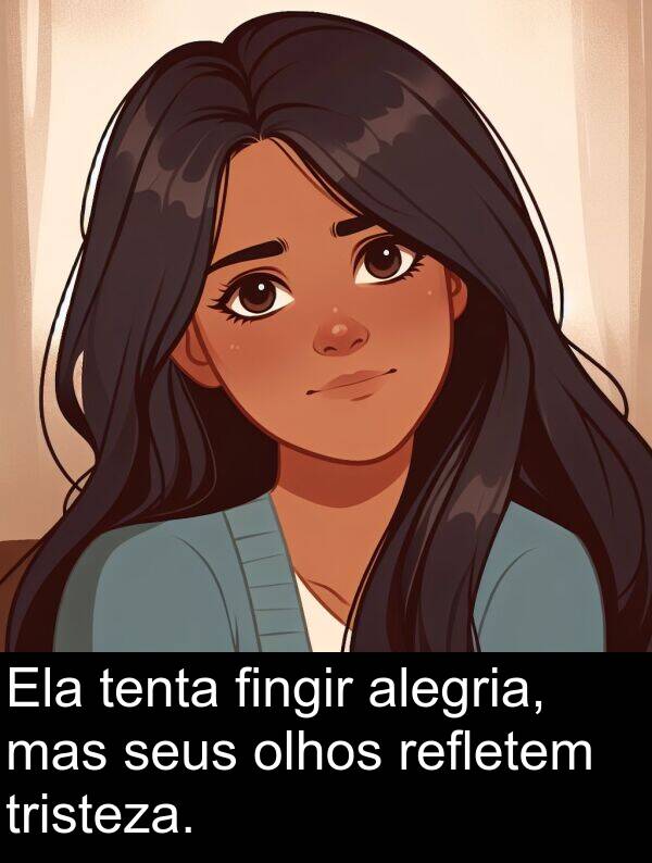alegria: Ela tenta fingir alegria, mas seus olhos refletem tristeza.