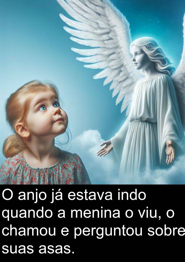 indo: O anjo já estava indo quando a menina o viu, o chamou e perguntou sobre suas asas.