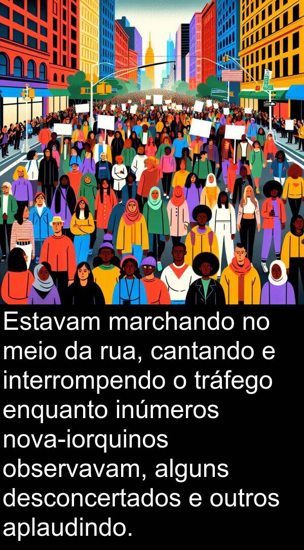 alguns: Estavam marchando no meio da rua, cantando e interrompendo o tráfego enquanto inúmeros nova-iorquinos observavam, alguns desconcertados e outros aplaudindo.