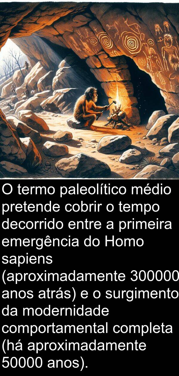 sapiens: O termo paleolítico médio pretende cobrir o tempo decorrido entre a primeira emergência do Homo sapiens (aproximadamente 300000 anos atrás) e o surgimento da modernidade comportamental completa (há aproximadamente 50000 anos).
