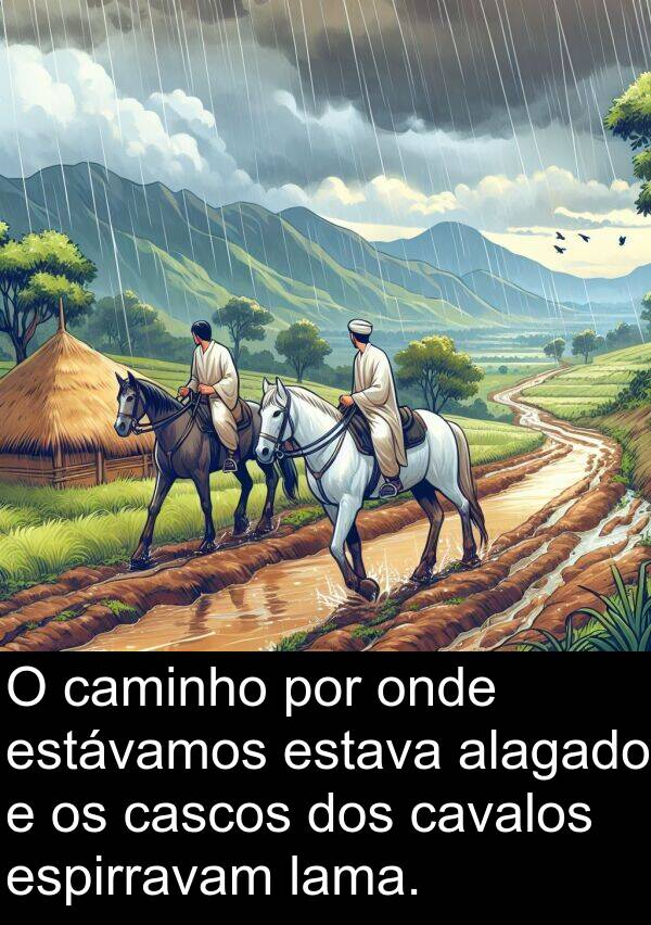 caminho: O caminho por onde estávamos estava alagado e os cascos dos cavalos espirravam lama.