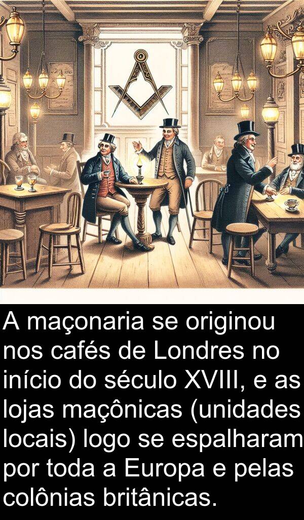 maçonaria: A maçonaria se originou nos cafés de Londres no início do século XVIII, e as lojas maçônicas (unidades locais) logo se espalharam por toda a Europa e pelas colônias britânicas.
