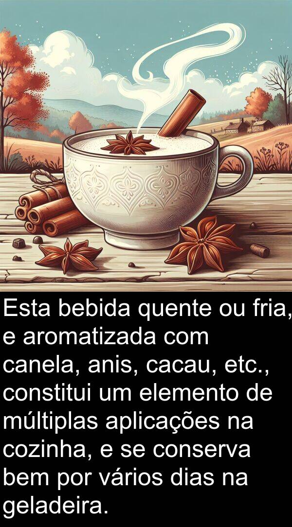 geladeira: Esta bebida quente ou fria, e aromatizada com canela, anis, cacau, etc., constitui um elemento de múltiplas aplicações na cozinha, e se conserva bem por vários dias na geladeira.