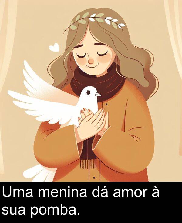 sua: Uma menina dá amor à sua pomba.