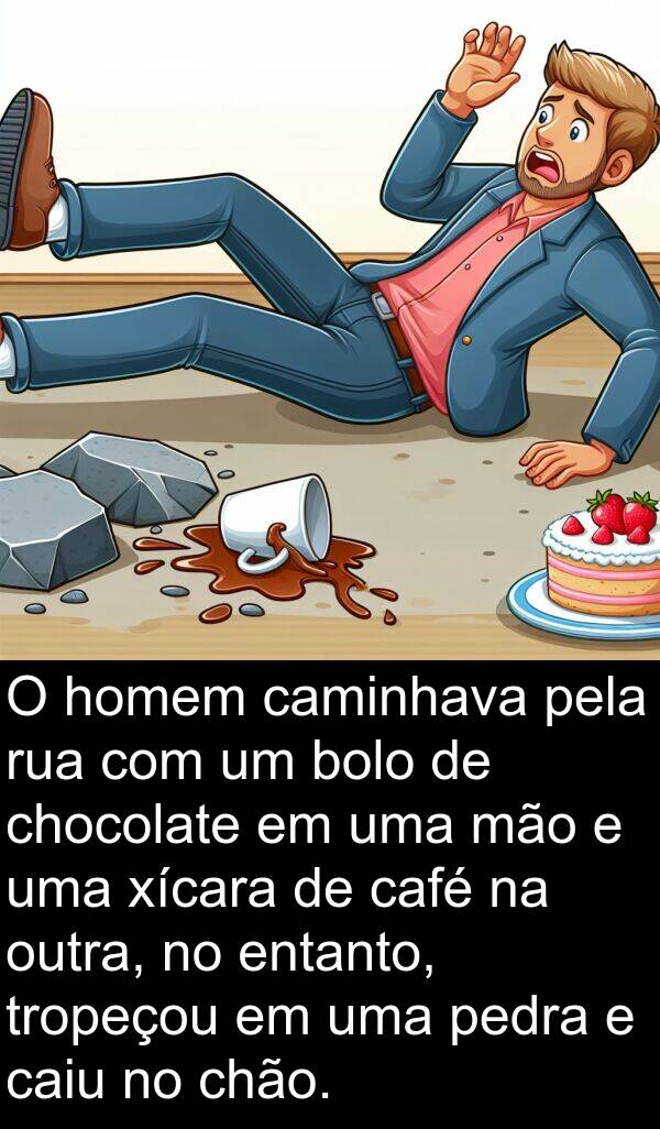 mão: O homem caminhava pela rua com um bolo de chocolate em uma mão e uma xícara de café na outra, no entanto, tropeçou em uma pedra e caiu no chão.