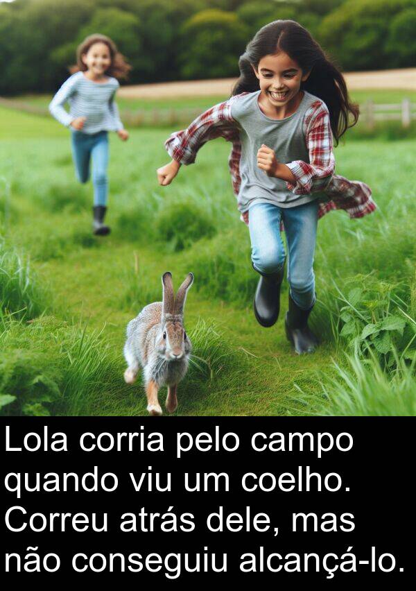 dele: Lola corria pelo campo quando viu um coelho. Correu atrás dele, mas não conseguiu alcançá-lo.
