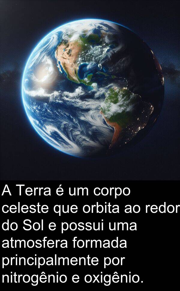 possui: A Terra é um corpo celeste que orbita ao redor do Sol e possui uma atmosfera formada principalmente por nitrogênio e oxigênio.