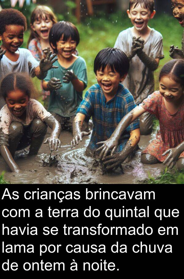 quintal: As crianças brincavam com a terra do quintal que havia se transformado em lama por causa da chuva de ontem à noite.
