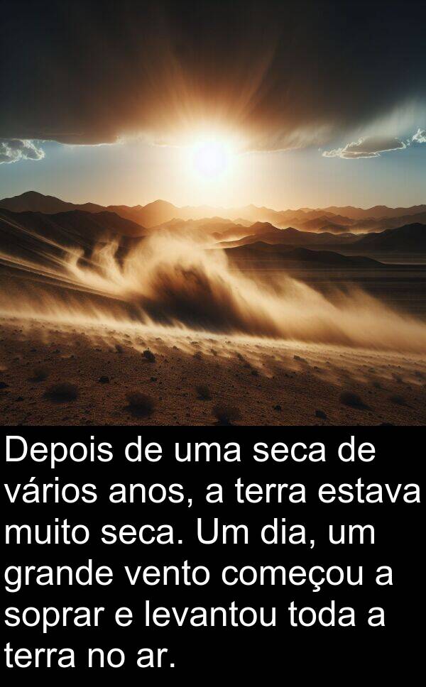 vento: Depois de uma seca de vários anos, a terra estava muito seca. Um dia, um grande vento começou a soprar e levantou toda a terra no ar.