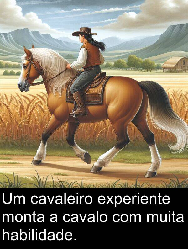 monta: Um cavaleiro experiente monta a cavalo com muita habilidade.