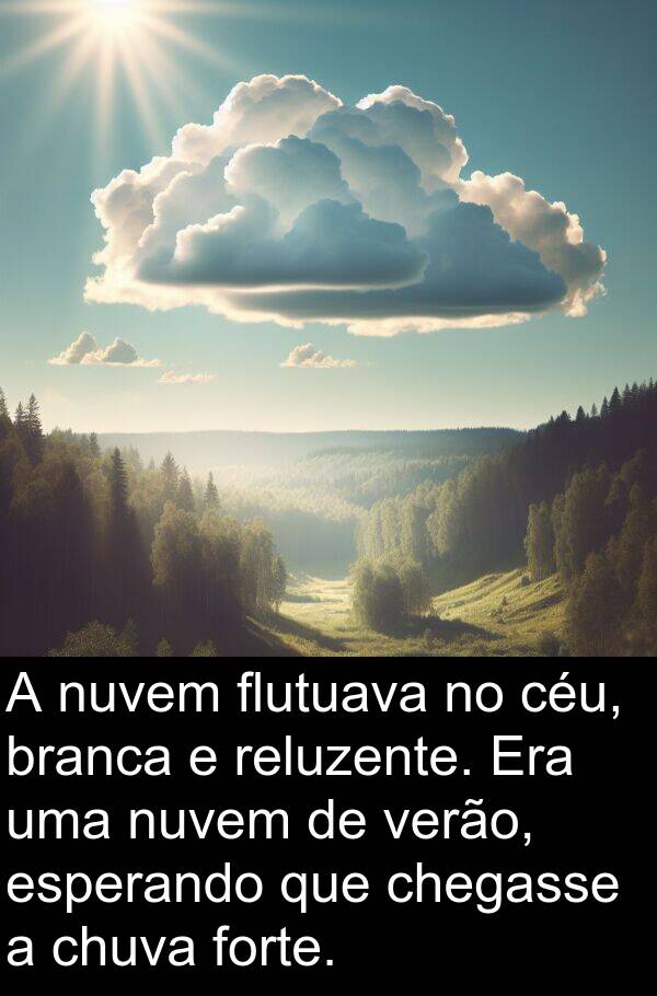 forte: A nuvem flutuava no céu, branca e reluzente. Era uma nuvem de verão, esperando que chegasse a chuva forte.
