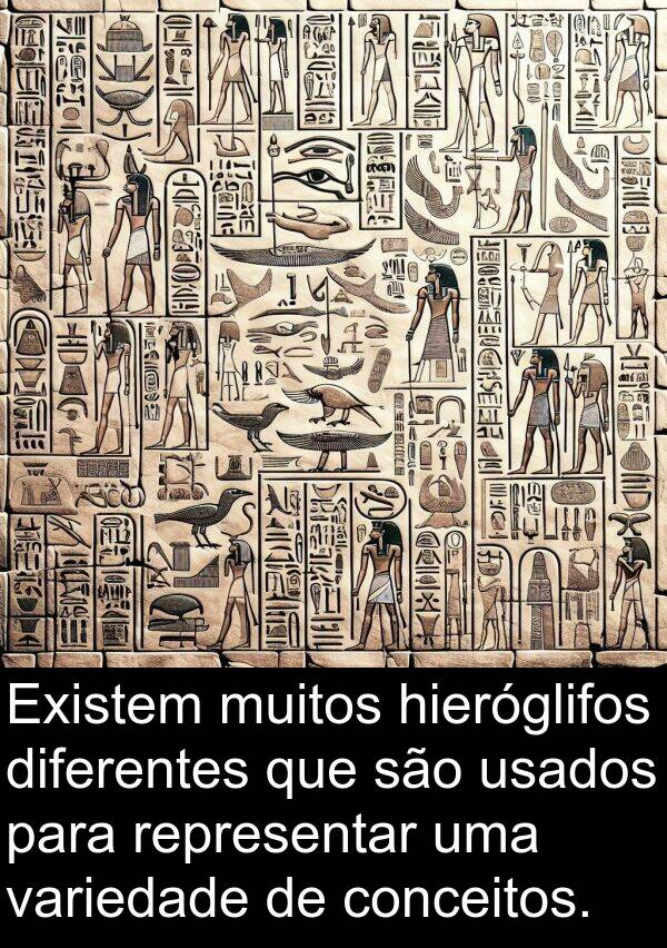 usados: Existem muitos hieróglifos diferentes que são usados para representar uma variedade de conceitos.