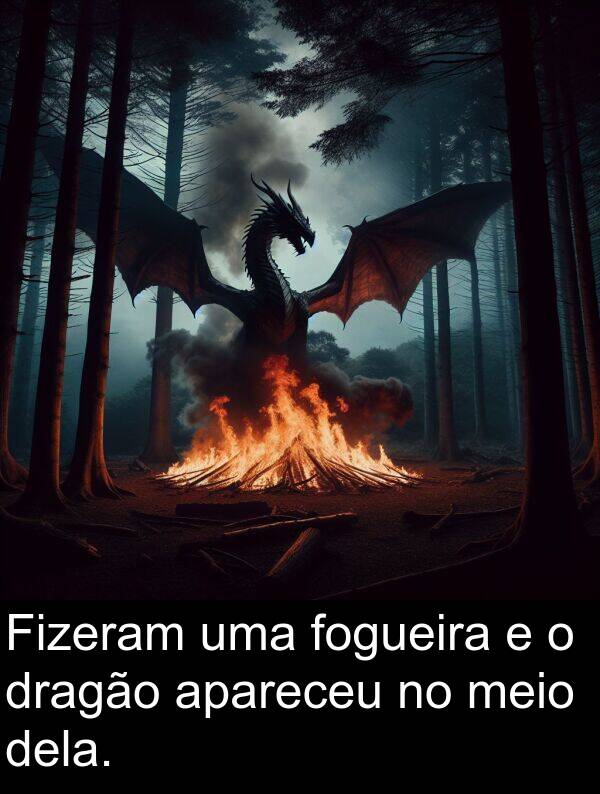 apareceu: Fizeram uma fogueira e o dragão apareceu no meio dela.
