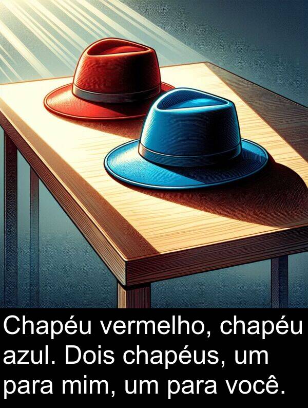 chapéu: Chapéu vermelho, chapéu azul. Dois chapéus, um para mim, um para você.