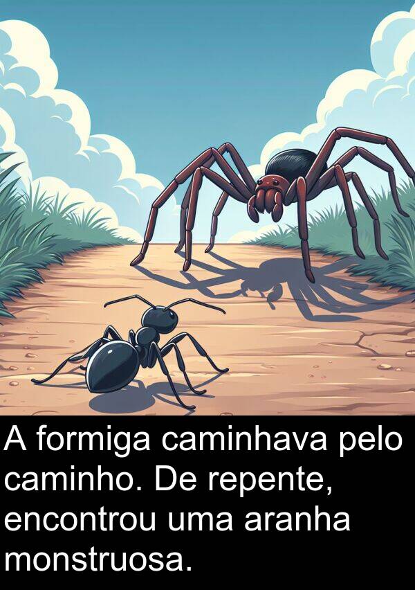 monstruosa: A formiga caminhava pelo caminho. De repente, encontrou uma aranha monstruosa.