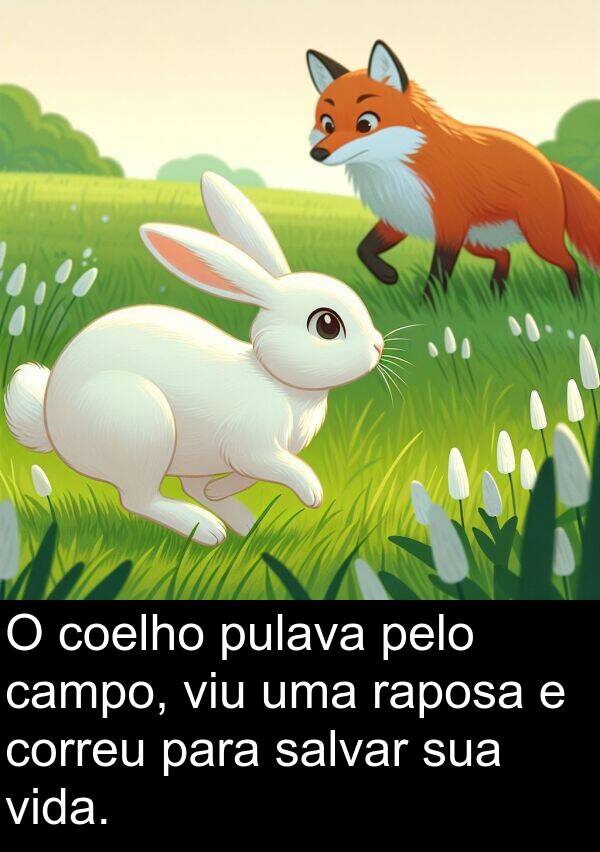 salvar: O coelho pulava pelo campo, viu uma raposa e correu para salvar sua vida.