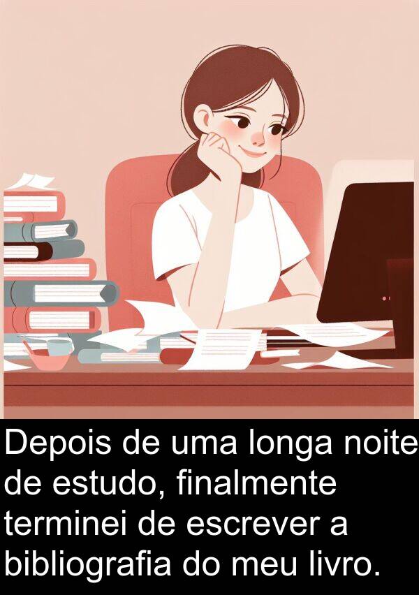 finalmente: Depois de uma longa noite de estudo, finalmente terminei de escrever a bibliografia do meu livro.