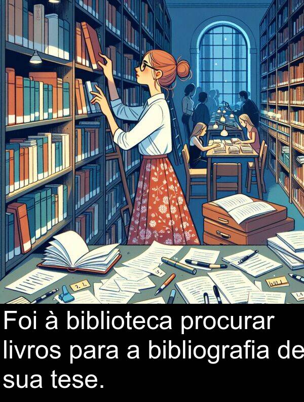 livros: Foi à biblioteca procurar livros para a bibliografia de sua tese.