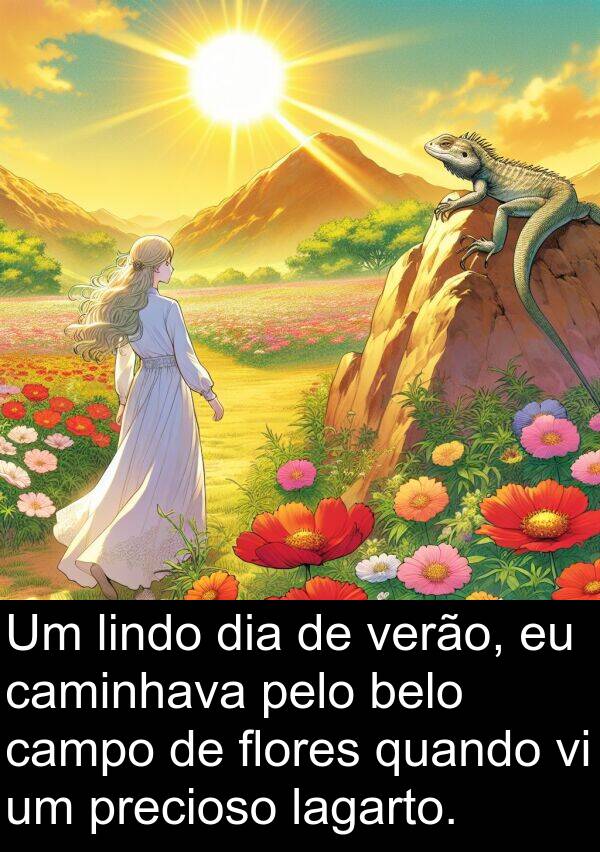 caminhava: Um lindo dia de verão, eu caminhava pelo belo campo de flores quando vi um precioso lagarto.