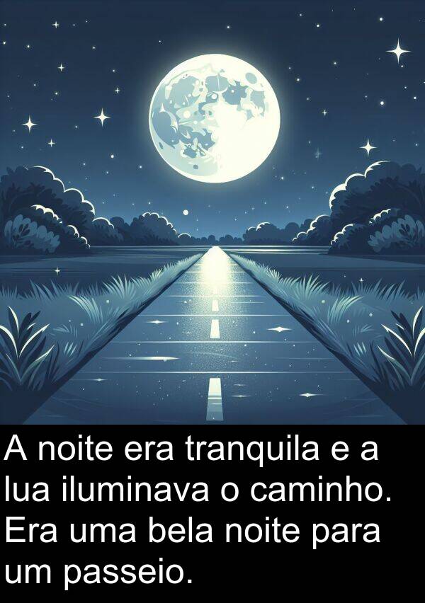 caminho: A noite era tranquila e a lua iluminava o caminho. Era uma bela noite para um passeio.