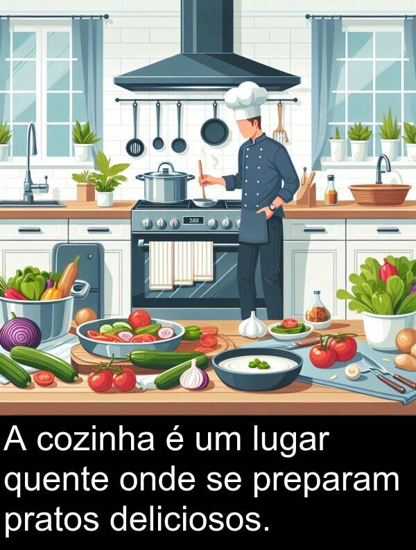onde: A cozinha é um lugar quente onde se preparam pratos deliciosos.