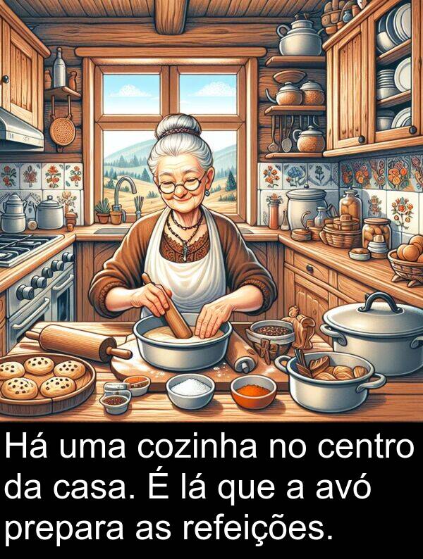 centro: Há uma cozinha no centro da casa. É lá que a avó prepara as refeições.