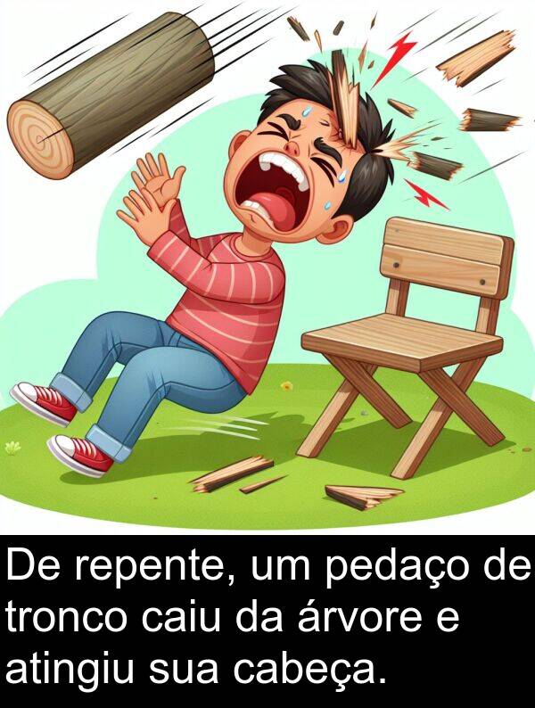 caiu: De repente, um pedaço de tronco caiu da árvore e atingiu sua cabeça.