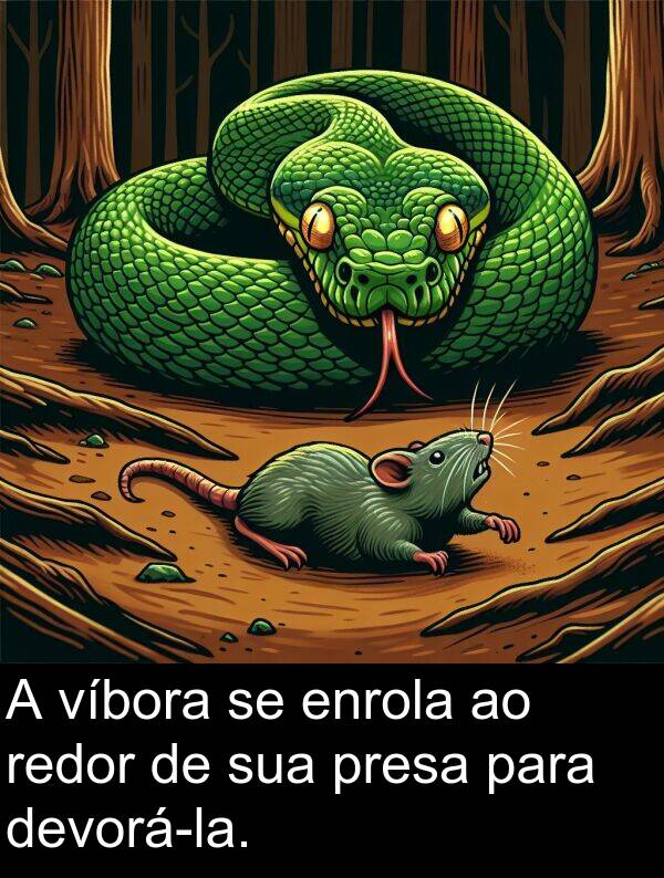 presa: A víbora se enrola ao redor de sua presa para devorá-la.