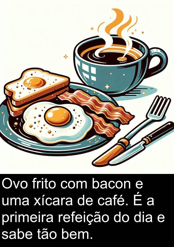 tão: Ovo frito com bacon e uma xícara de café. É a primeira refeição do dia e sabe tão bem.