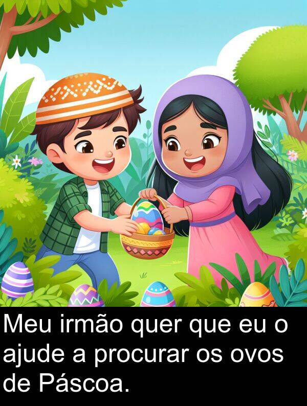 quer: Meu irmão quer que eu o ajude a procurar os ovos de Páscoa.