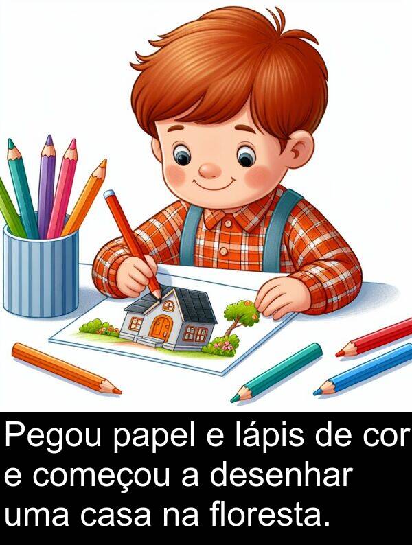 lápis: Pegou papel e lápis de cor e começou a desenhar uma casa na floresta.