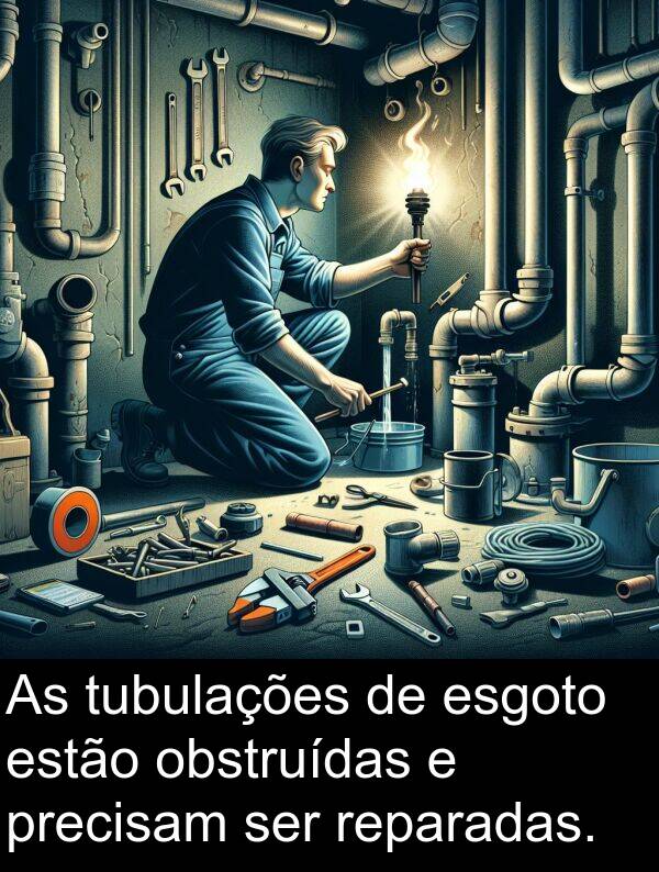 obstruídas: As tubulações de esgoto estão obstruídas e precisam ser reparadas.