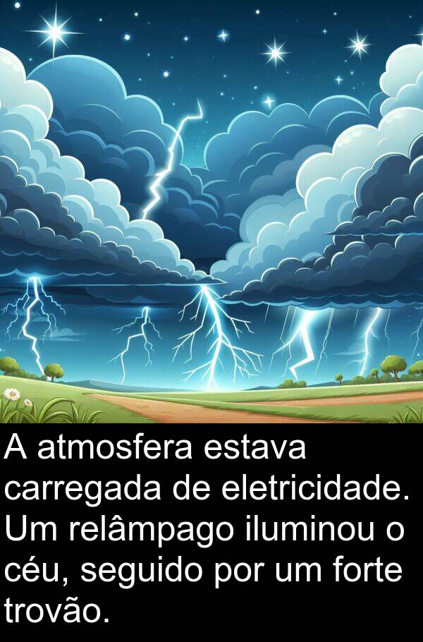 forte: A atmosfera estava carregada de eletricidade. Um relâmpago iluminou o céu, seguido por um forte trovão.