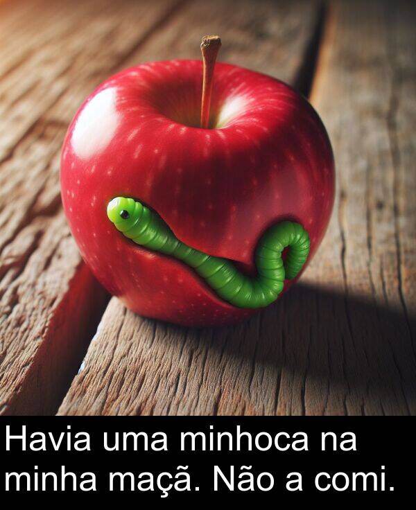 maçã: Havia uma minhoca na minha maçã. Não a comi.