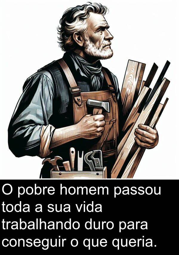 queria: O pobre homem passou toda a sua vida trabalhando duro para conseguir o que queria.