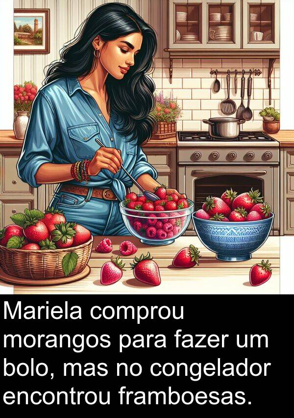 fazer: Mariela comprou morangos para fazer um bolo, mas no congelador encontrou framboesas.