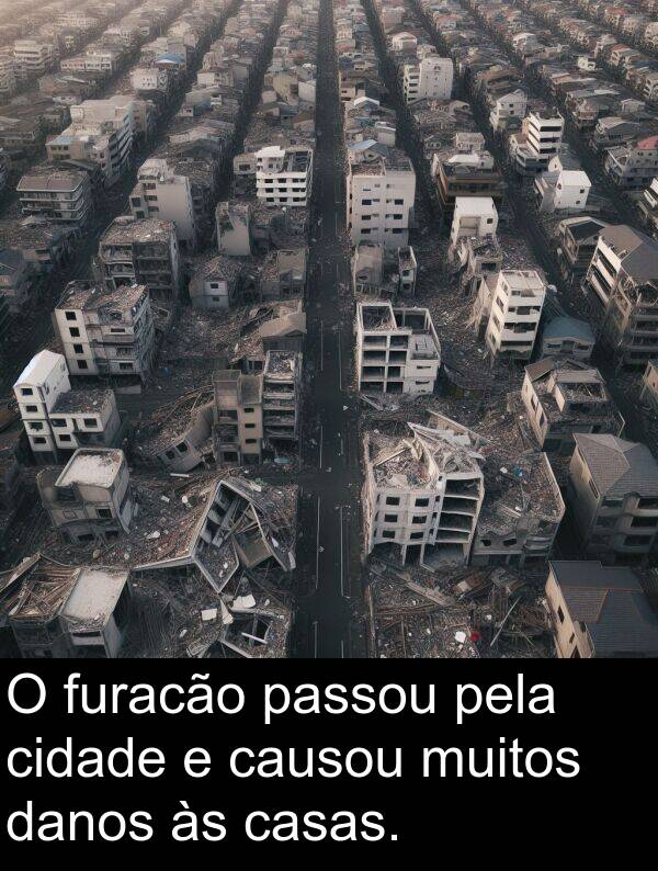 pela: O furacão passou pela cidade e causou muitos danos às casas.