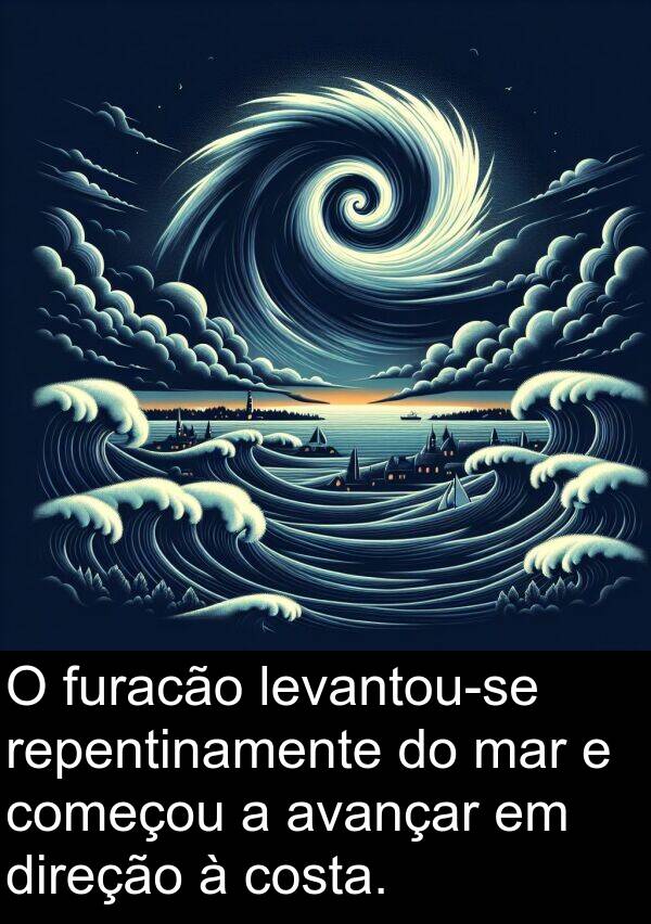 mar: O furacão levantou-se repentinamente do mar e começou a avançar em direção à costa.