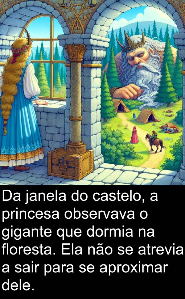 sair: Da janela do castelo, a princesa observava o gigante que dormia na floresta. Ela não se atrevia a sair para se aproximar dele.