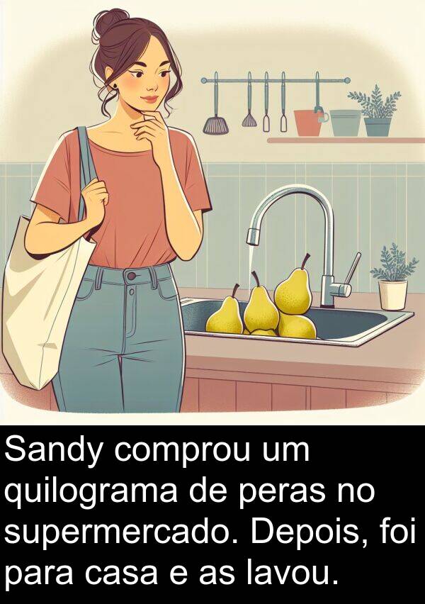 peras: Sandy comprou um quilograma de peras no supermercado. Depois, foi para casa e as lavou.