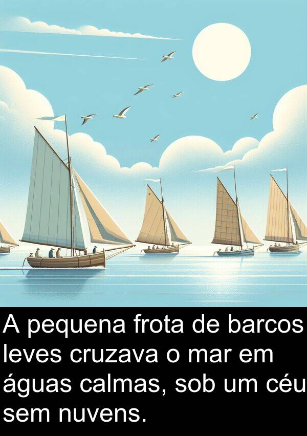 sob: A pequena frota de barcos leves cruzava o mar em águas calmas, sob um céu sem nuvens.