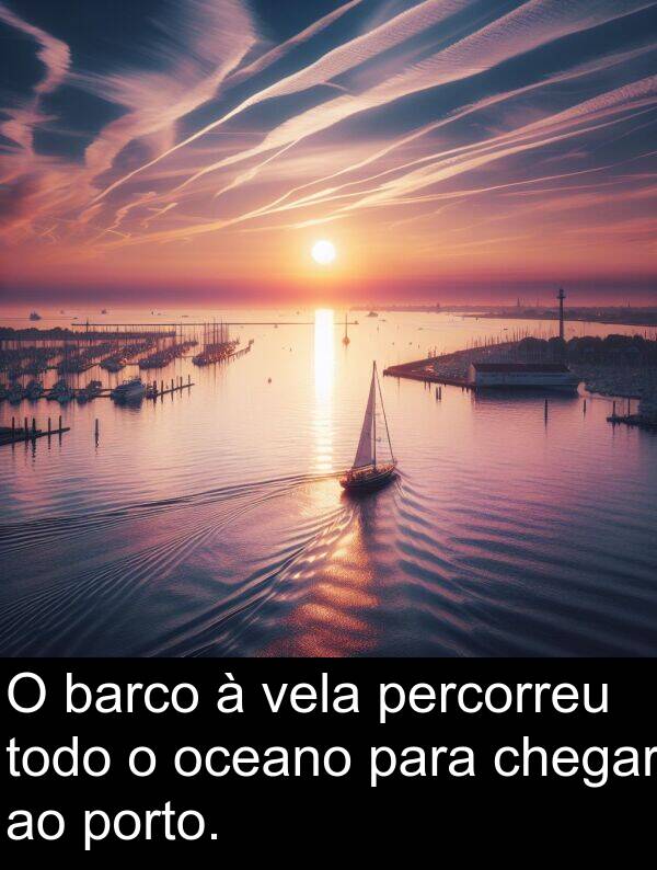percorreu: O barco à vela percorreu todo o oceano para chegar ao porto.