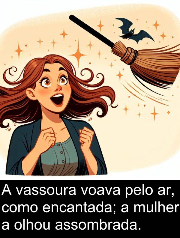 vassoura: A vassoura voava pelo ar, como encantada; a mulher a olhou assombrada.