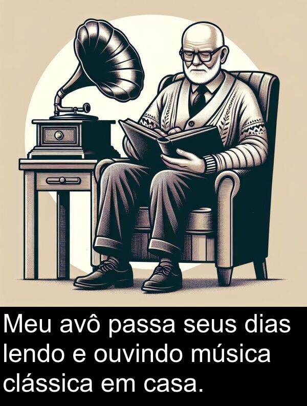 passa: Meu avô passa seus dias lendo e ouvindo música clássica em casa.