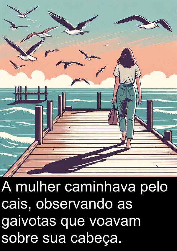 gaivotas: A mulher caminhava pelo cais, observando as gaivotas que voavam sobre sua cabeça.