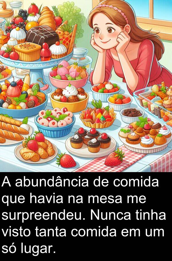 mesa: A abundância de comida que havia na mesa me surpreendeu. Nunca tinha visto tanta comida em um só lugar.