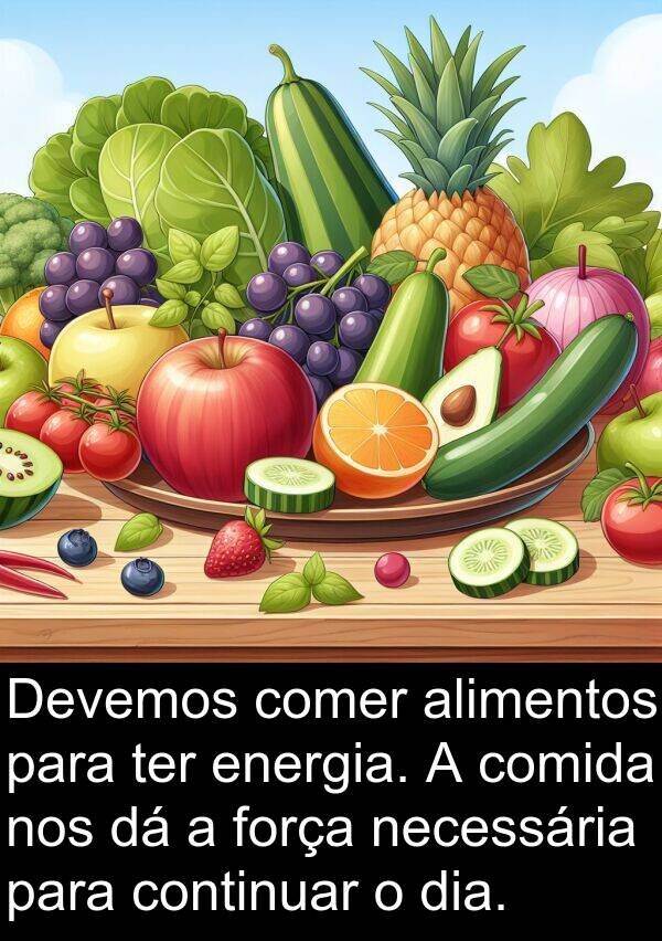 necessária: Devemos comer alimentos para ter energia. A comida nos dá a força necessária para continuar o dia.